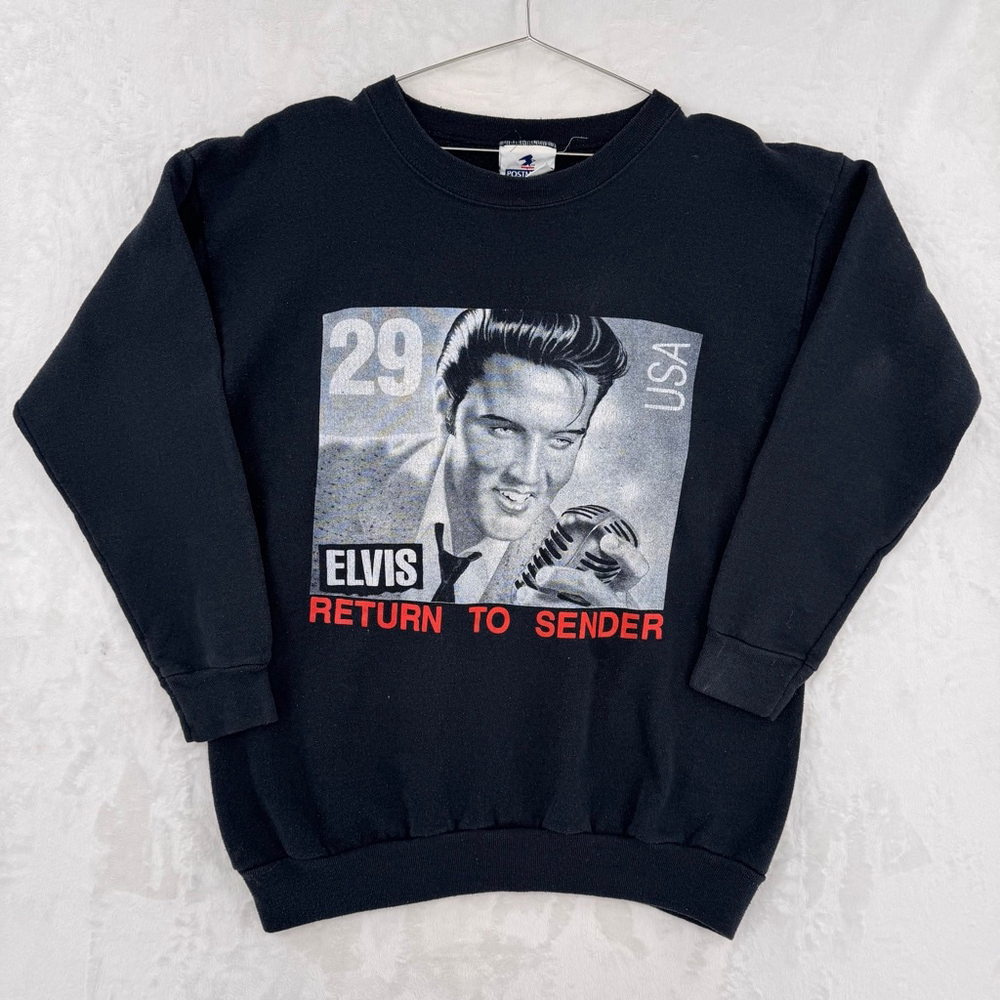 Vintage 90s Elvis Presley Sweatshirt Postcard Return to Sender Stamp Made in USA